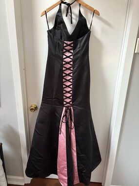 Elegant Black Halter Asymmetrical Dress with Pink Lace-Up Detail